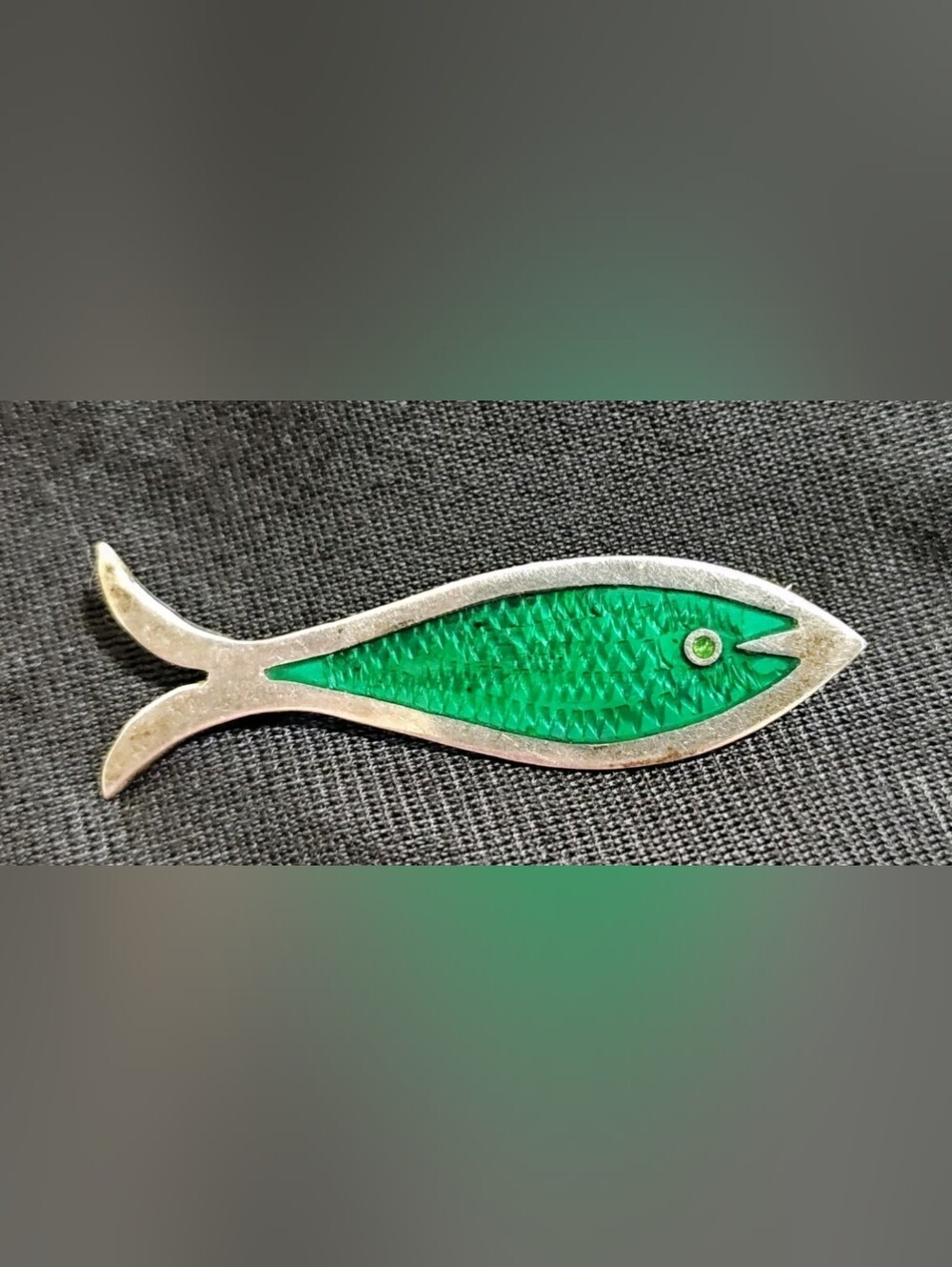 Vintage Taxco Sterling Enamel Fish Brooch Eagle 3 SB Signed Green Mid Century